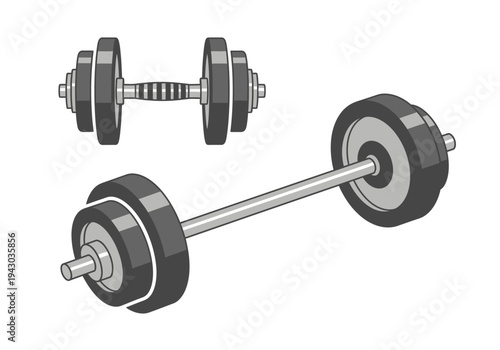 Black and white illustration of a dumbbell and a barbell with weights