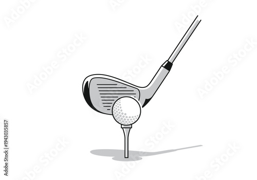 Black and white illustration of a golf club about to strike a dimpled ball on a tee