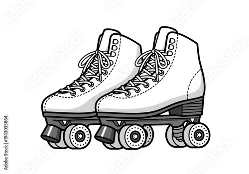 Black and white illustration of a pair of quad roller skates
