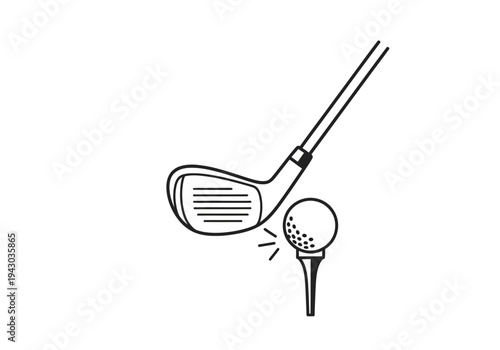 Black line drawing of a golf club about to strike a golf ball on a tee