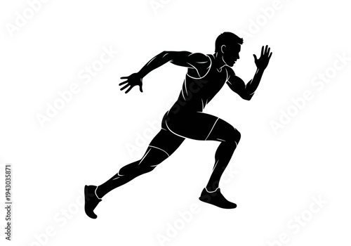 Black silhouette of a muscular male runner in full stride on a white background