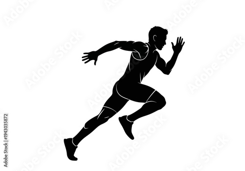 Black silhouette of a male sprinter midstride against a white background
