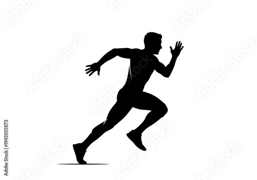 Black silhouette of a male athlete in a full sprint against a white background