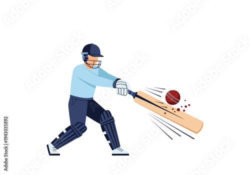 Cartoon batsman hitting a cricket ball with a wooden bat