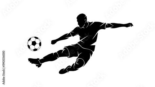 Dynamic vector illustration of a soccer player kicking a ball in mid-air, black and white silhouette