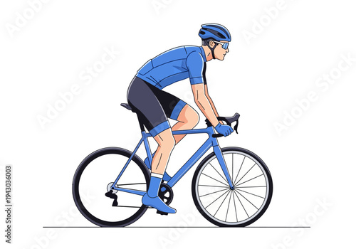 Stylized illustration of a male cyclist in blue gear riding a blue road bike