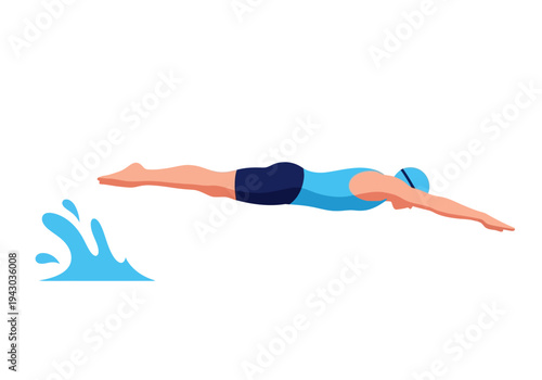 Swimmer diving horizontally into water with splash on left