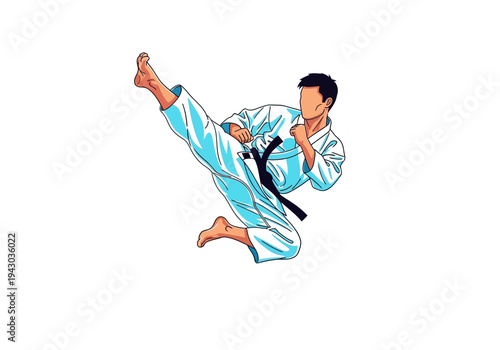 Stylized illustration of a martial artist performing a flying side kick