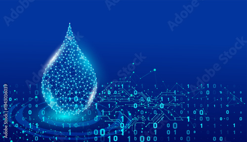 Blue glowing lowpoly water drop with network connections, surrounded by binary 0, 1 digits and circuit patterns. Represents digital water, data technology, and smart environmental solutions.