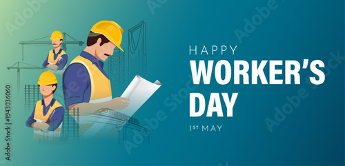 Labor Day Poster With Group of Construction Worker and Building Crane Background. International Workers Day Illustration