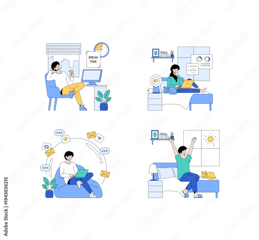 Fototapeta premium Remote Work and Break Time Vector Illustration Set