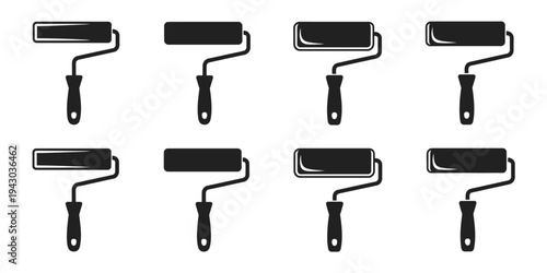 Paint roller construction silhouette vector icon element set, includes tools, brushes, rollers, and building symbols for home improvement, painting, renovation, and construction design projects.