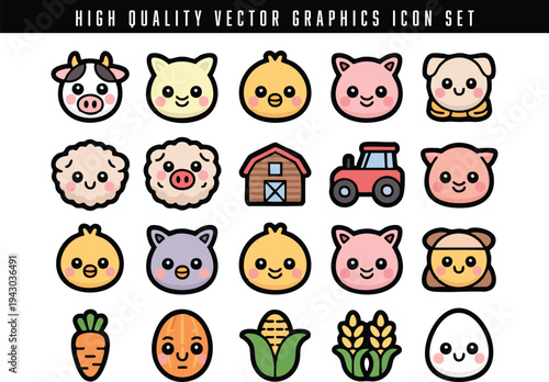 A collection of twenty cute, stylized vector icons representing various farm animals and crops is displayed against a white background.