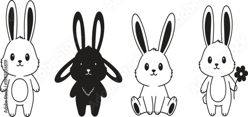 Four cartoon bunnies in a row with different expressions and details