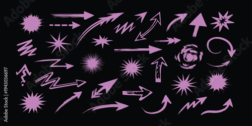 Collection of purple arrows and starburst graphics on black background