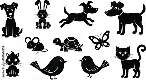 Cute black animal silhouettes set, including dogs cats rabbit mouse turtle butterfly birds, isolated on white, simple flat vector illustration