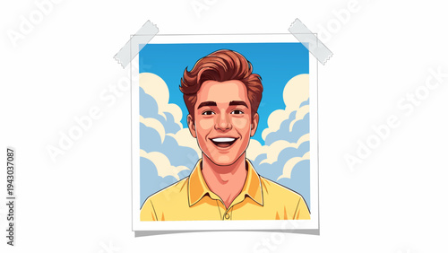Joyful Young Man Smiling Brightly in Sunny Sky with Clouds - Vector Illustration