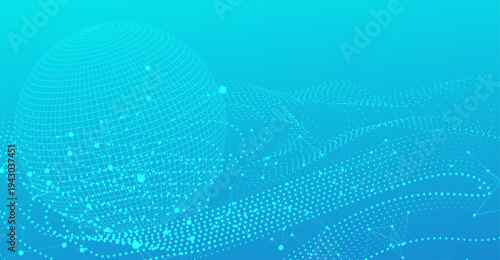 Abstract blue digital background featuring a wireframe globe, connected dots, and flowing lines, symbolizing global communication and modern technology.