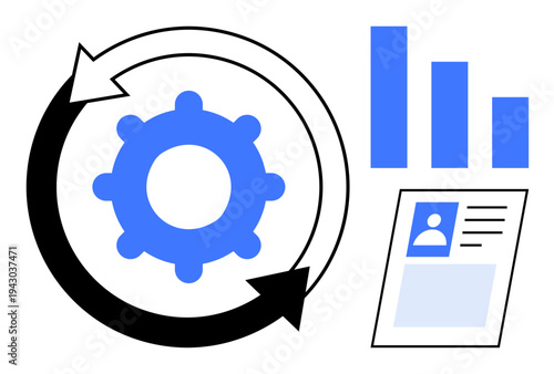 Workflow management. Workflow visually ed with gear, profile icon, and chart. Workflow optimization for project planning, business solutions, monitoring, process automation, or performance tracking