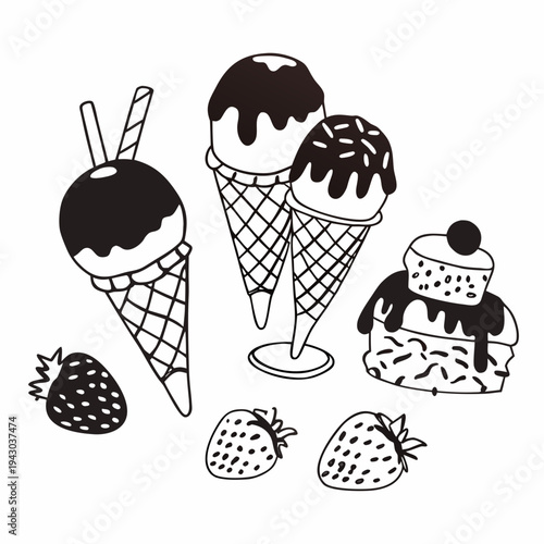 Set of sweet ice cream desserts in cones and cups with chocolate strawberry and vanilla flavors in a colorful cartoon style vector illustration collection