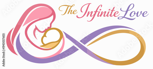 Graceful infinite love illustration with mother and child line art woven into an infinity symbol, expressing eternal bond, tenderness, care, devotion, family warmth, and affection