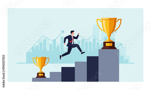 Businessman running up stairs towards golden trophy for success