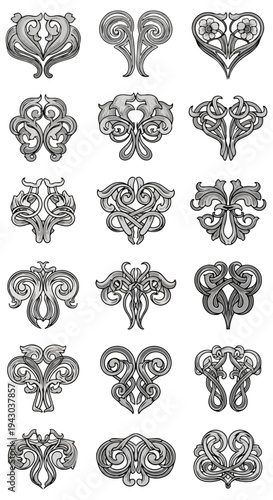 Ornamental design elements in silver on black background