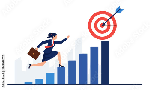 Businesswoman running up bar chart stairs towards success target