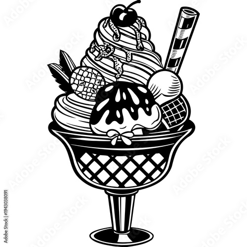 Ice cream in a glass, bowl, and cup with chocolate, strawberry, and vanilla flavors topped with cherry and fruit, a sweet cold summer dessert illustration