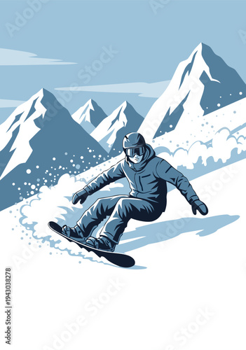 Vector illustration of a snowboarder in action on a snowy mountain slope, dynamic movement and winter sports theme