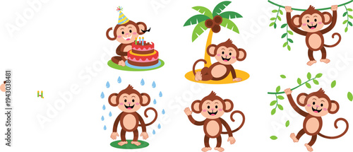 Cute monkey cartoon character set, funny jungle animal in different poses with birthday cake, rain, tree swing, tropical vector