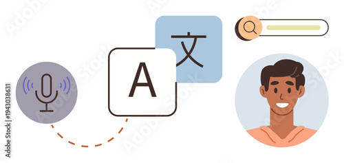 Language learning, communication tools, online services, voice recognition, AI translation, accessibility. Microphone, language symbols user avatar and search bar. Language learning