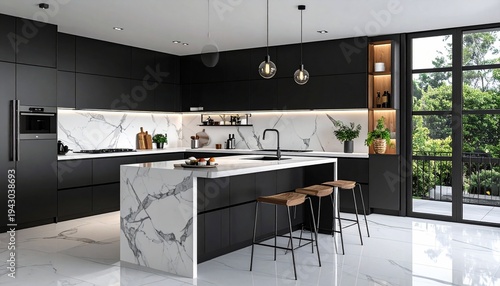Modern Black Kitchen Design with Marble Island and Stylish Lighting.