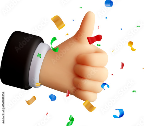 3D Man hand showing thumb up gesture and confetti