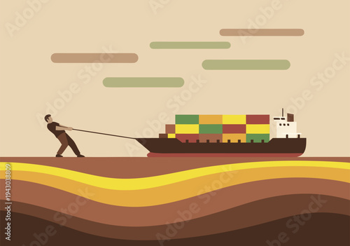A single person pulls a container ship laden with cargo, conceptual vector illustration of effort and logistics
