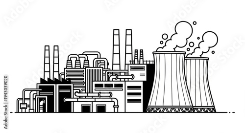 Industrial Power Plant with Cooling Towers.