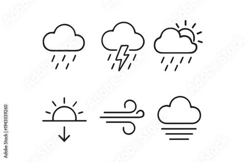 WebA set of line art weather icons depicting various meteorological conditions including rain, thunderstorm, partly sunny with rain, sunny with downward rays, windy, and cloudy with rain, all on a whi