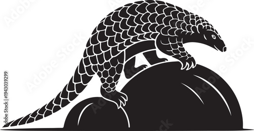Stylized Black Pangolin Silhouette on Rock - Nature Vector Art