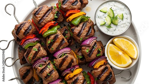 Grilled Meat Skewers with Vegetable and Tzatziki Dip