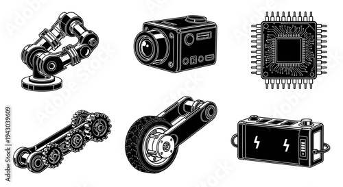 Assorted mechanical and electronic components including motors and circuit boards