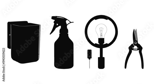 Assorted household and maintenance tools including spray bottle, box, bulb, and pliers