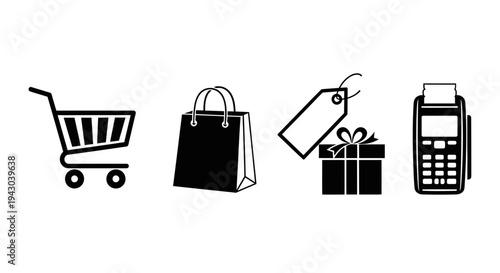 Set of icons representing shopping and payment methods in black and white