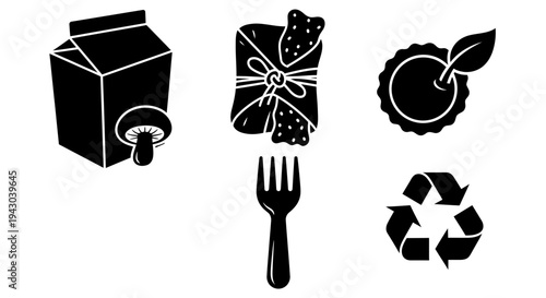 Black and white icons representing recycling and food waste reduction