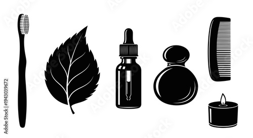 Assorted grooming and skincare tools with botanical leaf illustration
