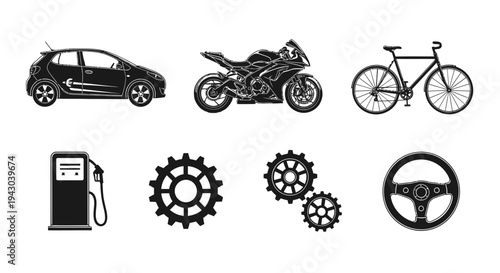 Collection of transportation and mechanical icons including a car, bicycle, and gears