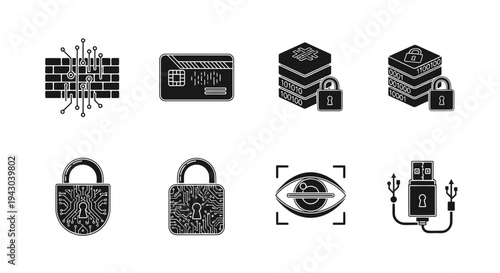 Assorted icons representing security, surveillance, and digital protection concepts