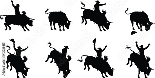 Bull riding silhouette, cowboy rider, bucking bull, rodeo sport, western culture, dynamic pose, action scene, bravery, competition, adrenaline, motion