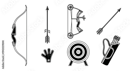 Traditional archery equipment and target set displayed together