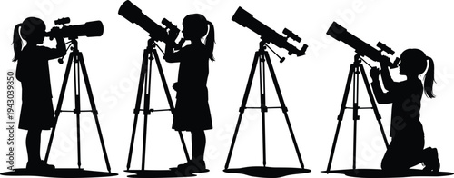 Child silhouette, telescope observation, stargazing, astronomy, tripod, science exploration, night sky, curiosity, learning, optical instrument, education, discovery