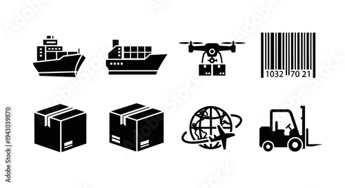 Modern logistics and shipping icons collection with various transportation methods